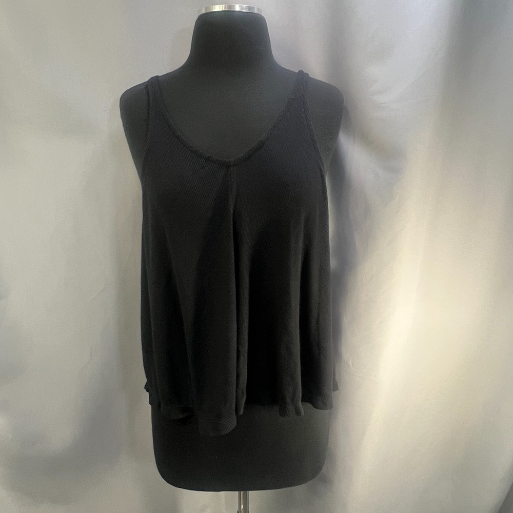 Free People Dani Jersey Tank Top Womens Small Black Ribbed Double V Neck Regular
